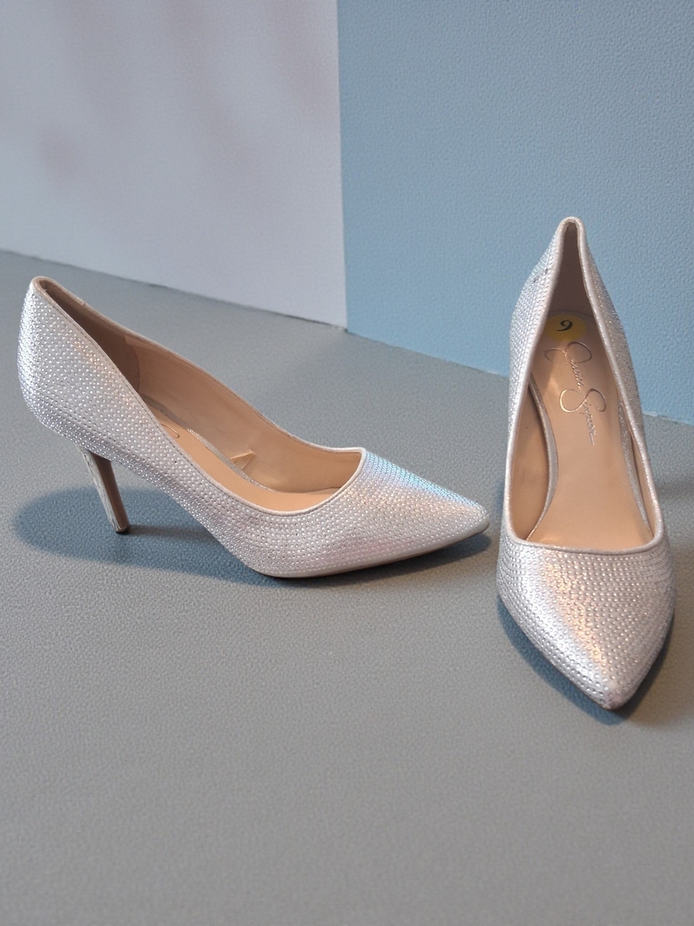 Jessica Simpson Silver Pointed Toe Mid-Heel Pumps